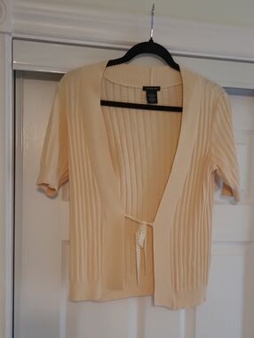 Calvin Klein Light Cream Ribbed Short-Sleeve Cardigan with Tie